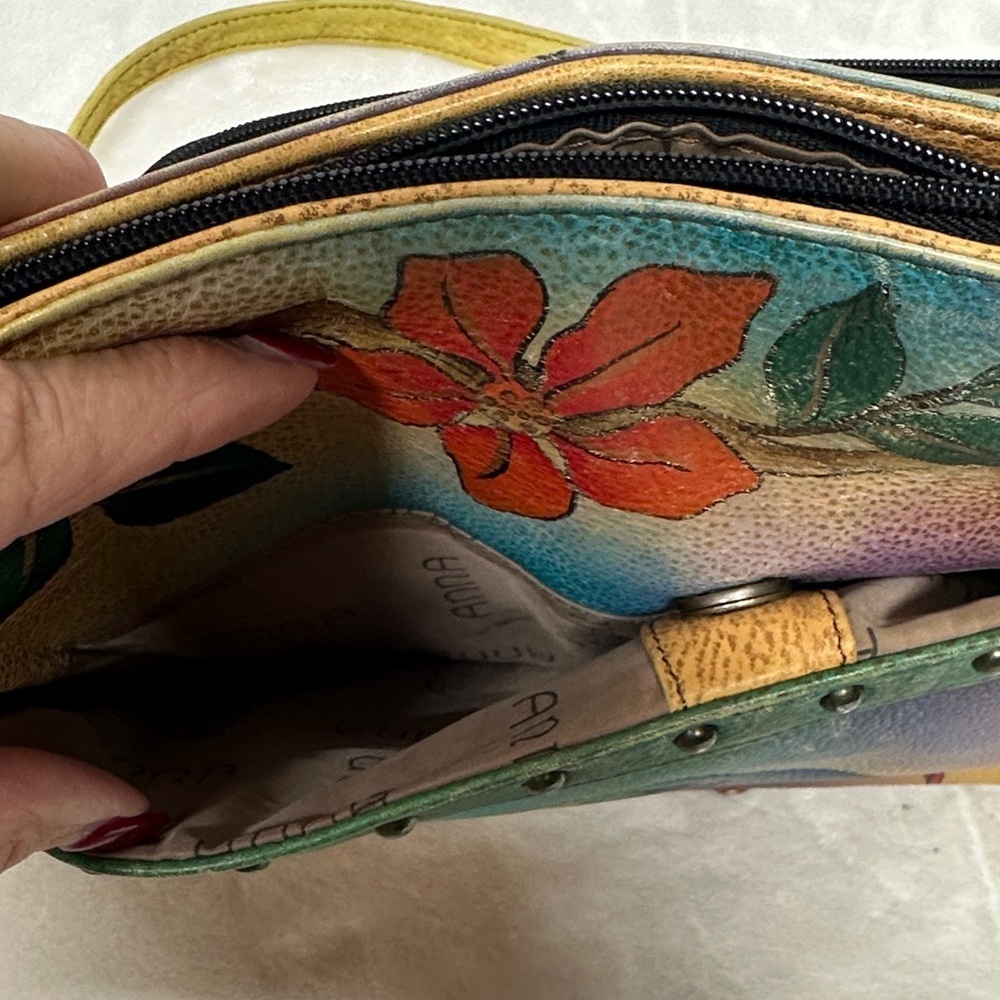 Anna Hand Painted Leather Crossbody Messenger Flap Bag with built in wallet like - Picture 12 of 16